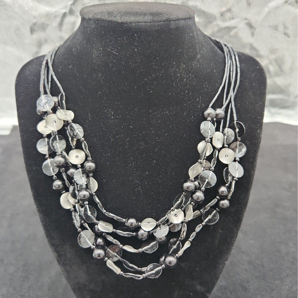 Necklace Multi-Strand Mixed Material Metal Plastic Beads Discs Tubes Vintage 19"